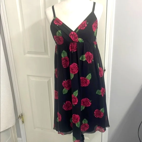 90s Betsey Johnson Silk Dress, Spaghetti Strap Midi Black with Pink Roses - Picture 2 of 9